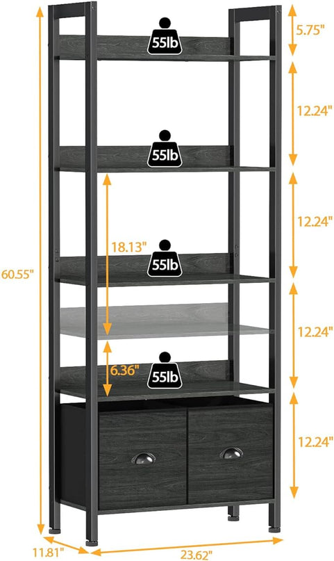 Furologee 5-Tier Bookshelf, Tall Bookcase with 2 Storage Drawers, Industrial Display Standing Shelf Units, Wood and Metal Storage Shelf for Living Room, Bedroom, Home Office, Black Oak - LeafyLoom