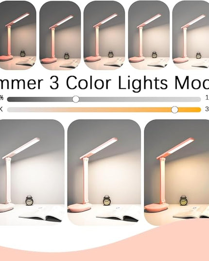 Pink Desk Lamp College Dorm Essentials for Girls, 3 Color Dimmable Reading Lamp, Battery Operated, USB Rechargeable Powered, Cordless, Portable, Cute LED Desk Lamps for Home Office, Bedrooms, Study - LeafyLoom