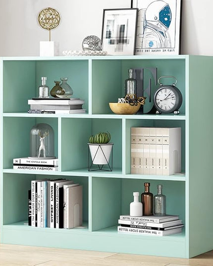 IOTXY Open Shelf Low Bookcase - Wooden 3-Tier Floor Standing Display Cabinet Organizer with Base, 7 Cubes Short Horizontal Bookshelf in Tiffany-Green - LeafyLoom