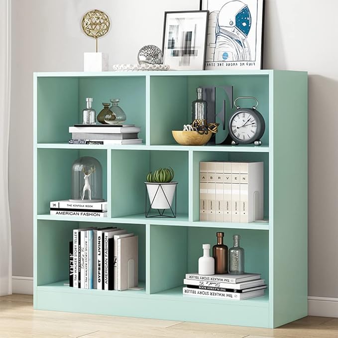 IOTXY Open Shelf Low Bookcase - Wooden 3-Tier Floor Standing Display Cabinet Organizer with Base, 7 Cubes Short Horizontal Bookshelf in Tiffany-Green - LeafyLoom