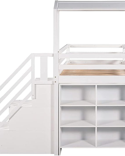 Stairway Twin over Full House Bunk Bed with Storage Shelves & Roof Design,Wooden Bunkbeds wtih Safety Guardrails for Kids/Teen/Adults Bedroom,Space Saving, White - LeafyLoom