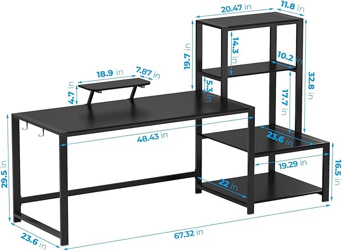 GreenForest Computer Desk 67 inch with Storage Printer Shelf, Reversible Gaming Home Office Desk Large Study Writing Table with Movable Monitor Stand and 2 Headphone Hooks for PC Working, Black - LeafyLoom