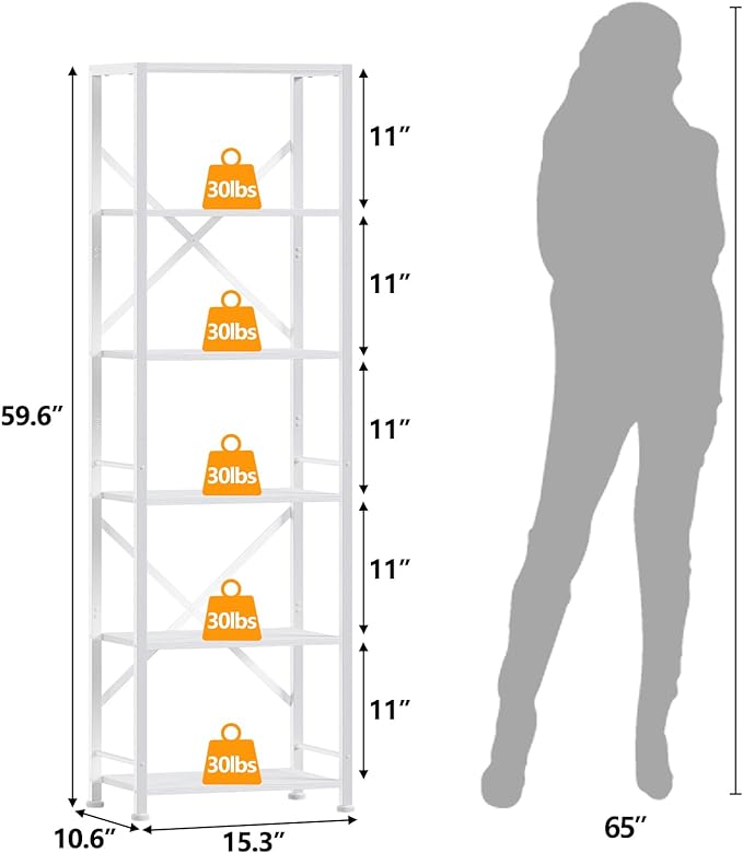Furologee White Tall Bookshelf, Narrow Bookcase with 6 Shelves, Modern Freestanding Shelf Units, Metal and Wood Display Storage Corner Rack Organizer for Living Room, Home Office, Hallway, Bathroom - LeafyLoom