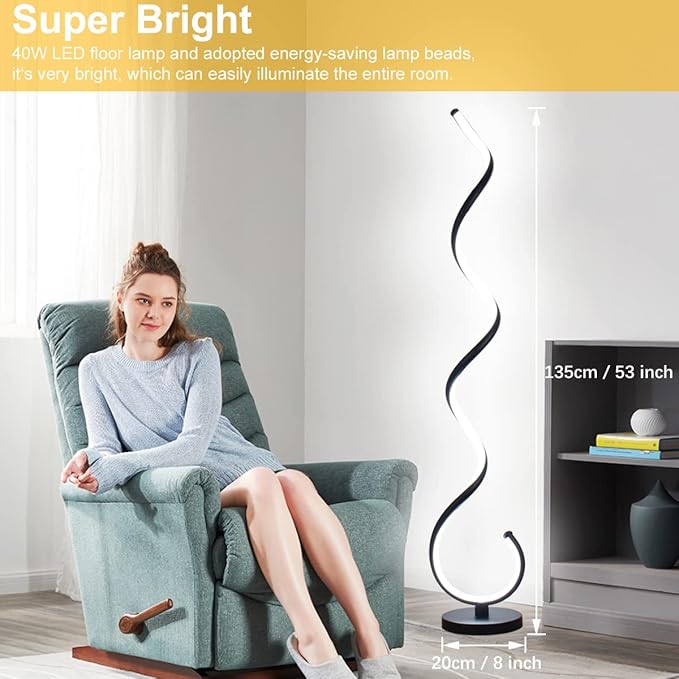 Spiral LED Floor Lamp, 40W Dimmable Modern Floor Lamps for Living Room with Remote Control, Stepless Adjustable Colors & Brightness Standing Lamp Reading Corner Floor Lamp for Bedroom - Black - LeafyLoom