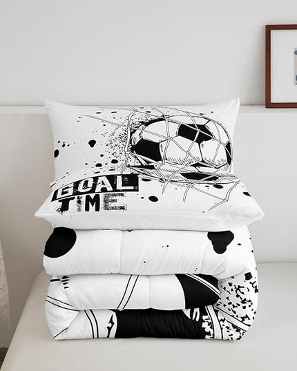 Erosebridal Kids Football Comforter Set Full Size American Soccer Bedding Set Sports Games Duvet Sets for Boys Girls Children Teens Geometric Polygon Down Comforter for Bedroom, Black White - LeafyLoom