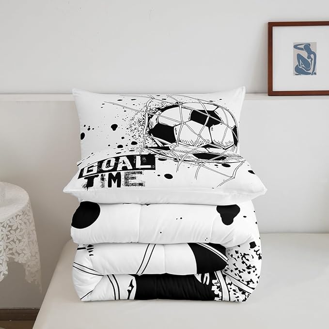 Erosebridal Kids Football Comforter Set Full Size American Soccer Bedding Set Sports Games Duvet Sets for Boys Girls Children Teens Geometric Polygon Down Comforter for Bedroom, Black White - LeafyLoom