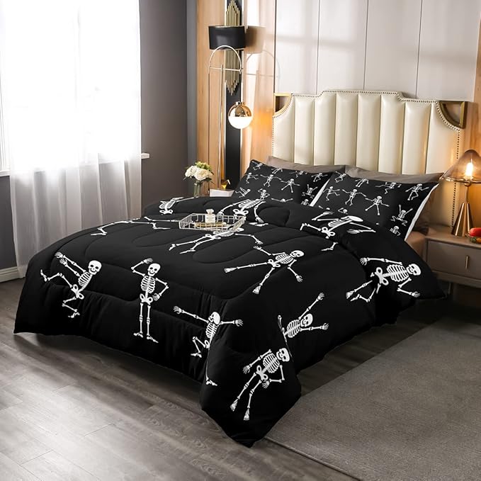 Erosebridal Sugar Skull Comforter Set King Size Skeleton Bones Bedding Set for Kids Boys Girls Teens Adult Halloween Horror Theme Down Comforter Gothic Spooky Duvet Sets with 2 Pillow Cases - LeafyLoom