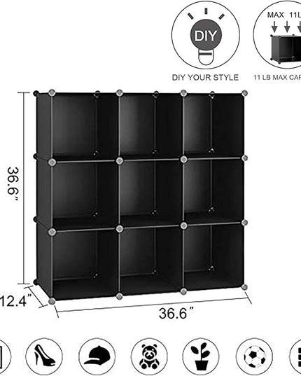 C&AHOME Cube Storage, 9-Cube BookShelf, Plastic Closet Cabinet Organizer, DIY Stackable Bookcase, Modular shelving Units Ideal for Home, Office, Kids Room, 36.6" L x 12.4" W x 48.4" H Black SHS3009A - LeafyLoom