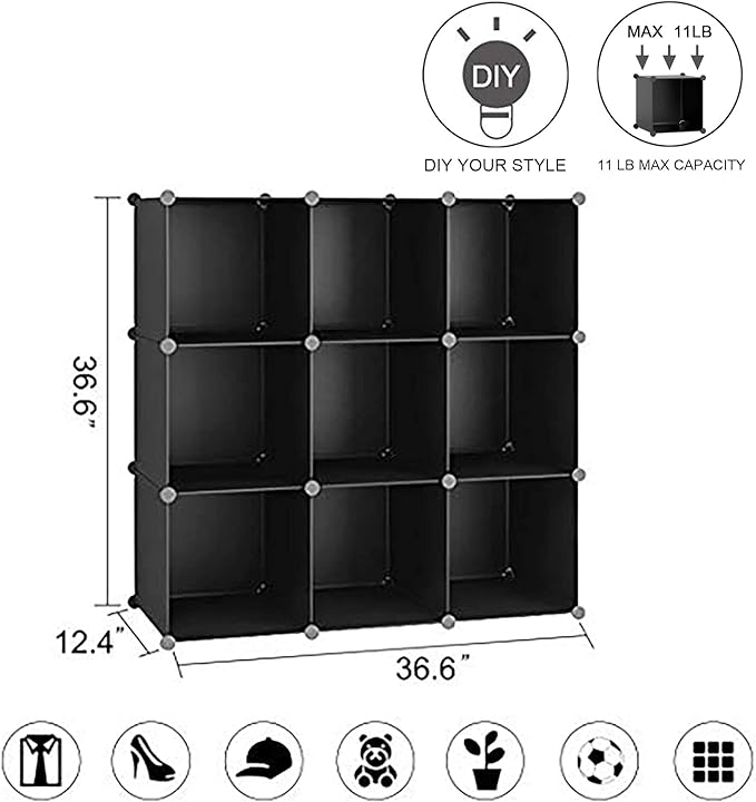 C&AHOME Cube Storage, 9-Cube BookShelf, Plastic Closet Cabinet Organizer, DIY Stackable Bookcase, Modular shelving Units Ideal for Home, Office, Kids Room, 36.6" L x 12.4" W x 48.4" H Black SHS3009A - LeafyLoom