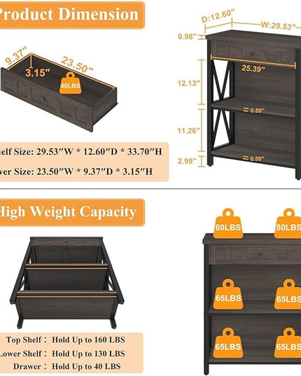 FATORRI Rustic Bookshelf with Drawer, Industrial Wood and Metal Bookcase, Small Book Shelf and Low Book case for Small Space (Walnut Brown) - LeafyLoom