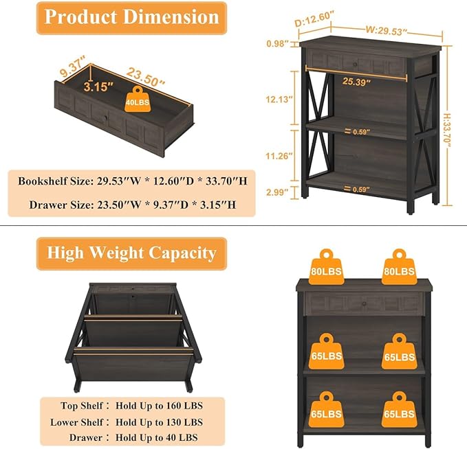 FATORRI Rustic Bookshelf with Drawer, Industrial Wood and Metal Bookcase, Small Book Shelf and Low Book case for Small Space (Walnut Brown) - LeafyLoom
