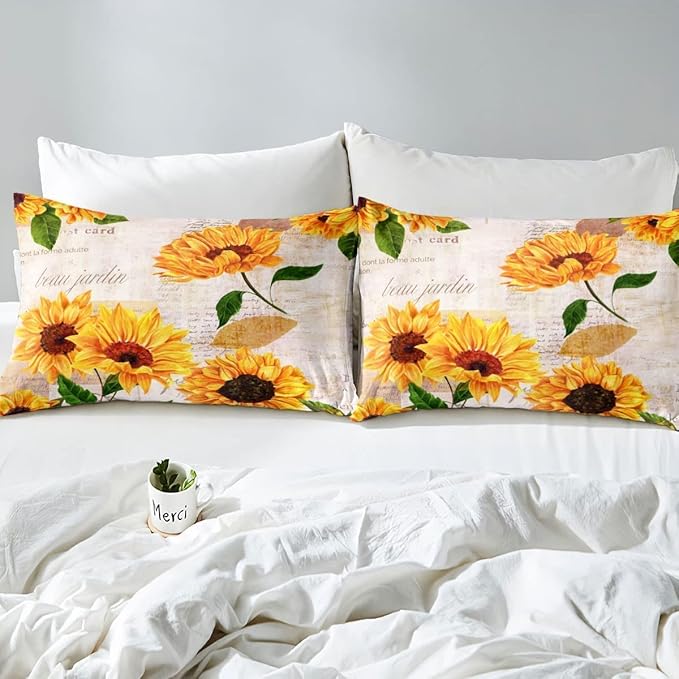 Erosebridal Women Retro Floral Bedding King Size Yellow Sunflowers Comforter Set for Girls Female Rustic 3D Flowers Duvet Insert Ultra Soft Lightweight Quilted Comforter with 2 Pillowcases - LeafyLoom