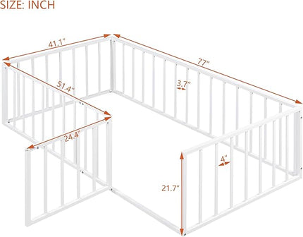 RITSU Twin Size Metal Floor Fence Bed, Montessori Bedframe, with Safety Guardrail and Door, for Children Bedroom, Boys Girls, Apartment, Strong & Durable, Easy to Assemble, White - LeafyLoom