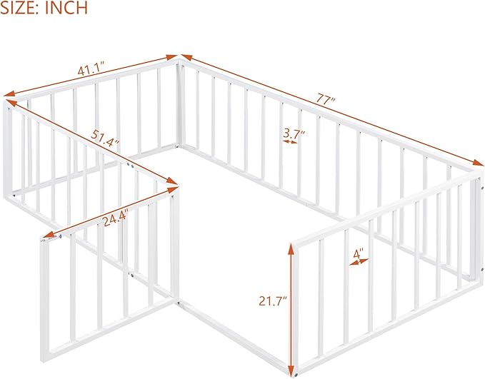 RITSU Twin Size Metal Floor Fence Bed, Montessori Bedframe, with Safety Guardrail and Door, for Children Bedroom, Boys Girls, Apartment, Strong & Durable, Easy to Assemble, White - LeafyLoom