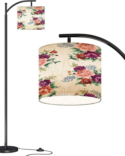 Modern Arc Floor Lamp with Dimmer Mid Century Violet Orange Blue Flowers Green Leaves Bunches White Metal Standing Lamp with Linen Shade Footswitch for Living Room Bedroom Office - LeafyLoom
