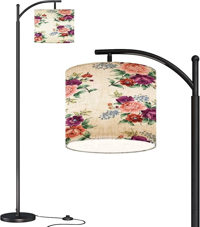 Modern Arc Floor Lamp with Dimmer Mid Century Violet Orange Blue Flowers Green Leaves Bunches White Metal Standing Lamp with Linen Shade Footswitch for Living Room Bedroom Office - LeafyLoom