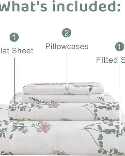 QSH Floral King Size Sheet Sets - 100% Egyptian Cotton Floral Bedding Sheets Flower Pattern Printed Bedding King Size Bed Sheets 17.5" Extra Deep Pocket 4pcs - LeafyLoom