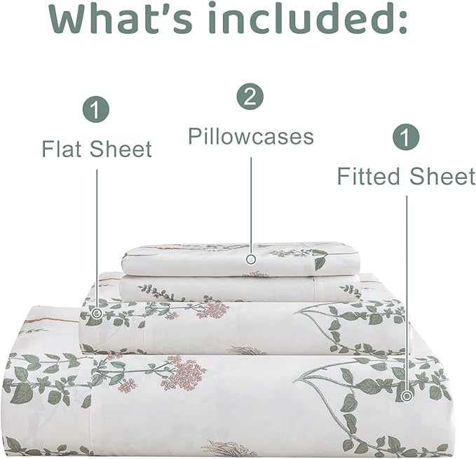 QSH Floral King Size Sheet Sets - 100% Egyptian Cotton Floral Bedding Sheets Flower Pattern Printed Bedding King Size Bed Sheets 17.5" Extra Deep Pocket 4pcs - LeafyLoom