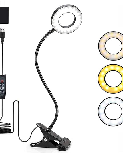 Foneso Desk Lamp Clip on Light with Adapter, 48 LED Reading Lamp with USB Charging Port, 3 Color Mode 10 Brightness Levels, Flexible Gooseneck, Memory Function Clamp Lamp for Home, Office, Makeup - LeafyLoom