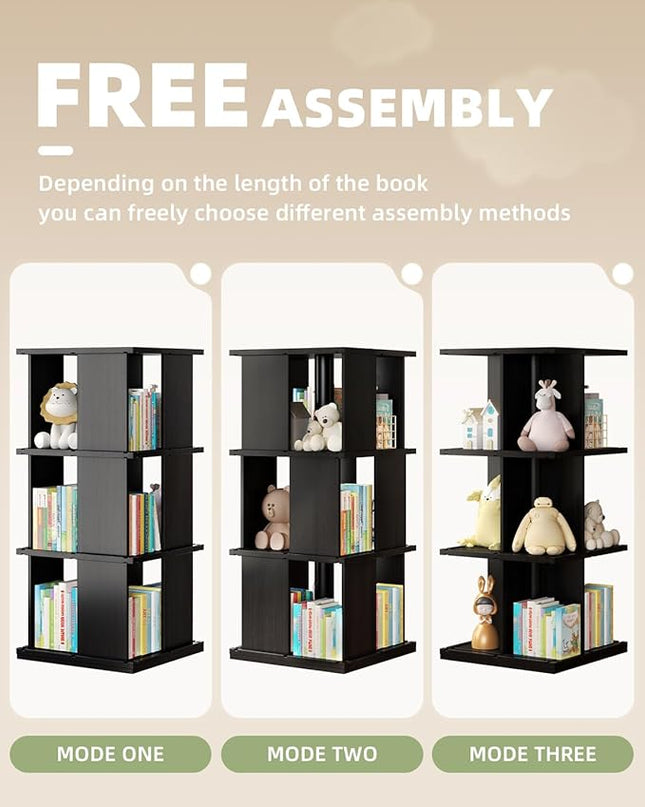 Rotating Bookshelf, 3-Shelf 360° Solid Wood Book shelf Tower, Stackable Revolving Bookcase Organizer for Living Room, Bedroom, Study(Black) - LeafyLoom