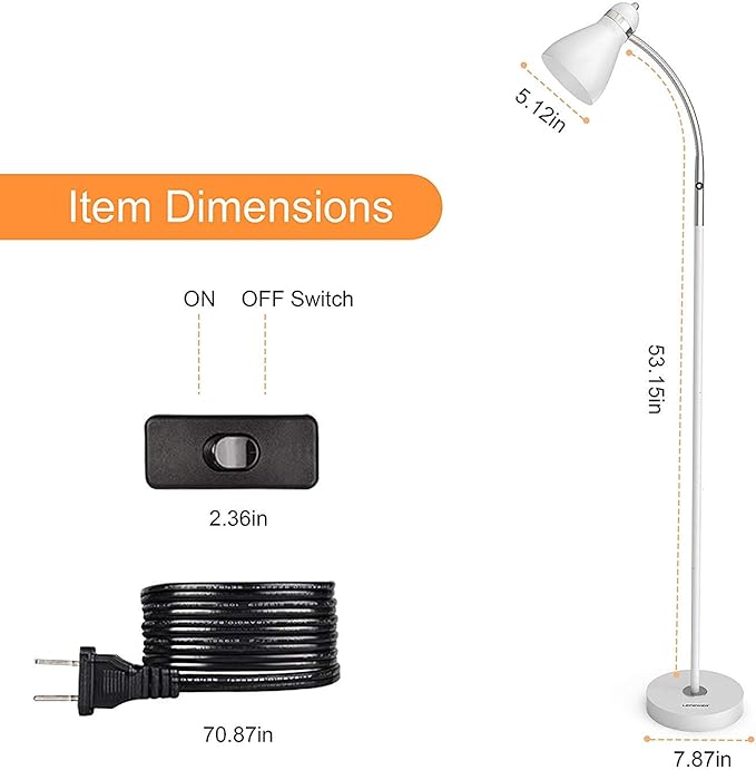 LEPOWER Floor Lamp, Metal Standing Lamp with Adjustable Gooseneck, Heavy Metal Base, Reading Pole Lamp for Office, White Floor Lamps for Bedroom, Living Room - LeafyLoom