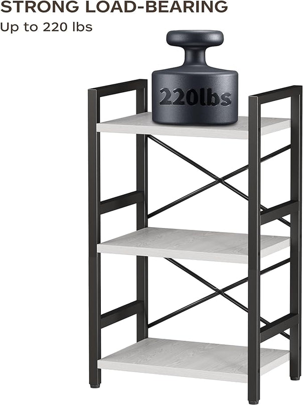 Bookshelf, 3 Tier Industrial Bookcase, Metal Small Bookcase, Rustic Etagere Book Shelf Storage Organizer for Living Room, Bedroom, and Home Office(White) Patent Pending D29873033 - LeafyLoom