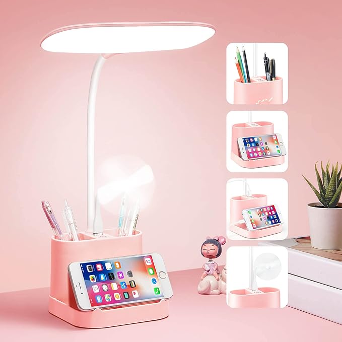 Mubarek Cute Desk Lamp Pink Lamp Cute Desk Accessories, 3 Modes 8W Dimmable Pink Desk Lamp+Organizers, Pink Desk Accessories Kawaii Desk Accessories, Cute Lamp Cute Desk Decor Cute Office Supplies - LeafyLoom