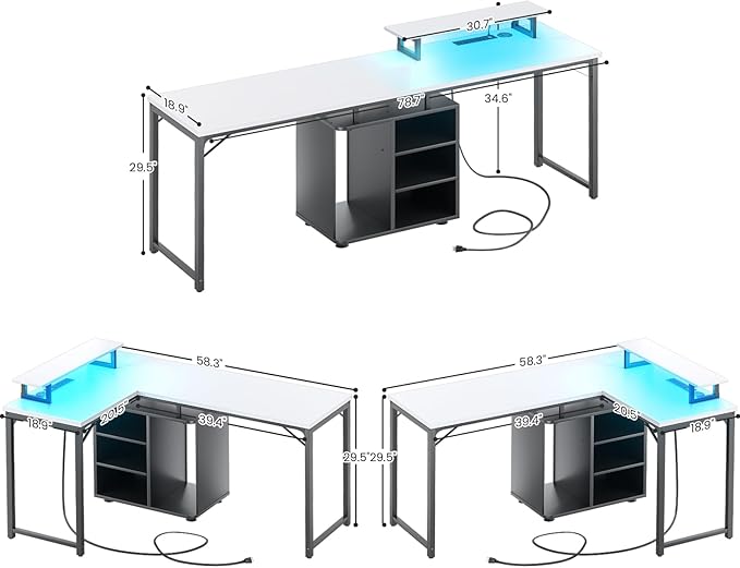 Cyclysio L Shaped Gaming Desk with Wood Cabinet, 58" Large Corner Desk with LED Lights & Power Outlet, Reversible Computer Desk with Monitor Stand, Home Office Desk 2 Person Corner Desk, White Black - LeafyLoom