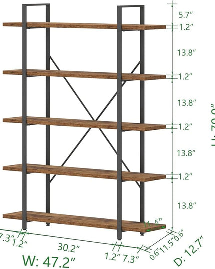 HSH Rustic Bookcases and Book Shelves 5 Shelf, Metal Wood 5 Tier Bookshelf and Storage Book Rack, Vintage Large Book Shelf for Bedroom Living Room Office,Open Vertical Display Etagere Book Case, Brown - LeafyLoom