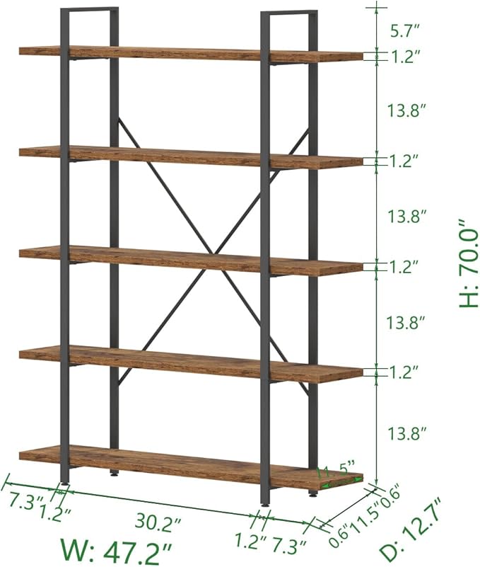 HSH Rustic Bookcases and Book Shelves 5 Shelf, Metal Wood 5 Tier Bookshelf and Storage Book Rack, Vintage Large Book Shelf for Bedroom Living Room Office,Open Vertical Display Etagere Book Case, Brown - LeafyLoom