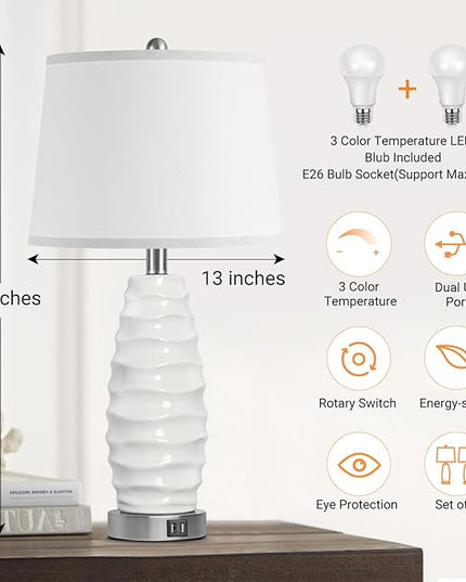 QiMH White Table Lamp Set of 2, 26" Farmhouse Bedside Lamps for Bedroom with USB Port, Modern Ceramic Lamp with White Shade Nightstand Living Room Decor, LED Bulb Included - LeafyLoom