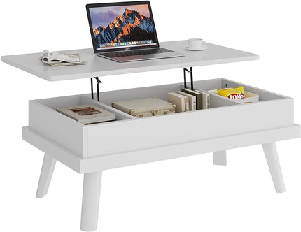 Shintenchi Coffee Table, Lift Top Coffee Table with Hidden Compartment, Rising Tabletop Dining Table, Lift Top Coffee Center Table for for Living Room, Office, Home (White) - LeafyLoom