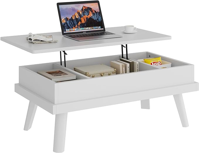 Shintenchi Coffee Table, Lift Top Coffee Table with Hidden Compartment, Rising Tabletop Dining Table, Lift Top Coffee Center Table for for Living Room, Office, Home (White) - LeafyLoom