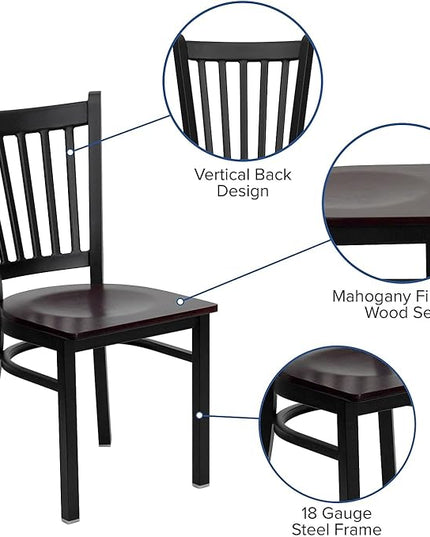 Flash Furniture 2 Pk. HERCULES Series Black Vertical Back Metal Restaurant Chair - Mahogany Wood Seat - LeafyLoom
