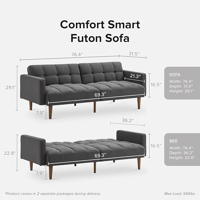 mopio Aaron Couch, Small Sofa, Futon, Sofa Bed, Sleeper Sofa, Loveseat, Mid Century Modern Futon Couch, Sofa Cama, Couches for Living Room, Bedroom (Dark Gray, Fabric) - LeafyLoom