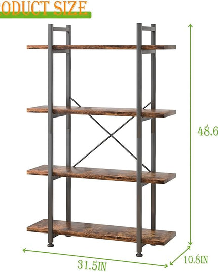 4 Tiers Bookshelf Rustic Brown Wooden Storage Shelf, Industrial shelf Book Organizer,Modern Open Display Storage Bookcase,Metal Bookshelf Standing Tall Shelving Units for Home Office Study. - LeafyLoom