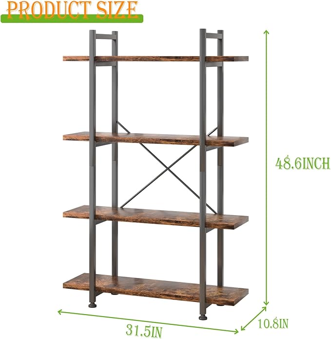 4 Tiers Bookshelf Rustic Brown Wooden Storage Shelf, Industrial shelf Book Organizer,Modern Open Display Storage Bookcase,Metal Bookshelf Standing Tall Shelving Units for Home Office Study. - LeafyLoom