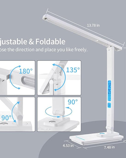 LAOPAO LED Desk Lamp with Wireless Charger, USB Charging Port, Sliding Dimmable Auto Timer Table Lamp with Night Light, Desk Lights with Clock for Study Reading Home Office - LeafyLoom