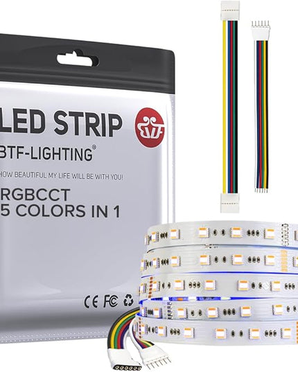 BTF-LIGHTING RGBCCT 5 Colors in 1 LED 5050SMD RGBWW RGB+Dimmable Tunable Color Temperature 2700K-6500K 16.4ft 60LEDs/m 300LEDs DC24V Multi-Colored Tape Lights IP30 White PCB(No Adapter or Controller) BTF-LIGHTING