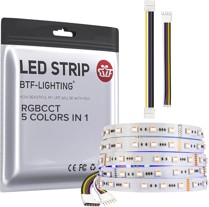 BTF-LIGHTING RGBCCT 5 Colors in 1 LED 5050SMD RGBWW RGB+Dimmable Tunable Color Temperature 2700K-6500K 16.4ft 60LEDs/m 300LEDs DC24V Multi-Colored Tape Lights IP30 White PCB(No Adapter or Controller) BTF-LIGHTING