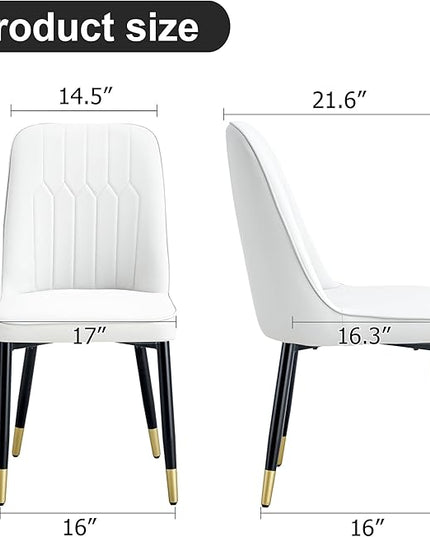 Modern Set of 2, Faux Leather Dining PU Upholstered White Kitchen Chairs with Black Golden Metal Legs for Home Living Room, Restaurant, 2 Piece - LeafyLoom