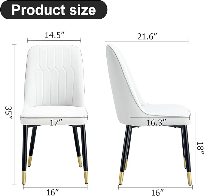 Modern Set of 2, Faux Leather Dining PU Upholstered White Kitchen Chairs with Black Golden Metal Legs for Home Living Room, Restaurant, 2 Piece - LeafyLoom