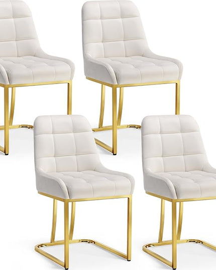 STARY Upholstered Velvet Armless Dining Room Chairs with Gold Metal Legs for Kitchen Restaurant, Beige- Set of 4 - LeafyLoom