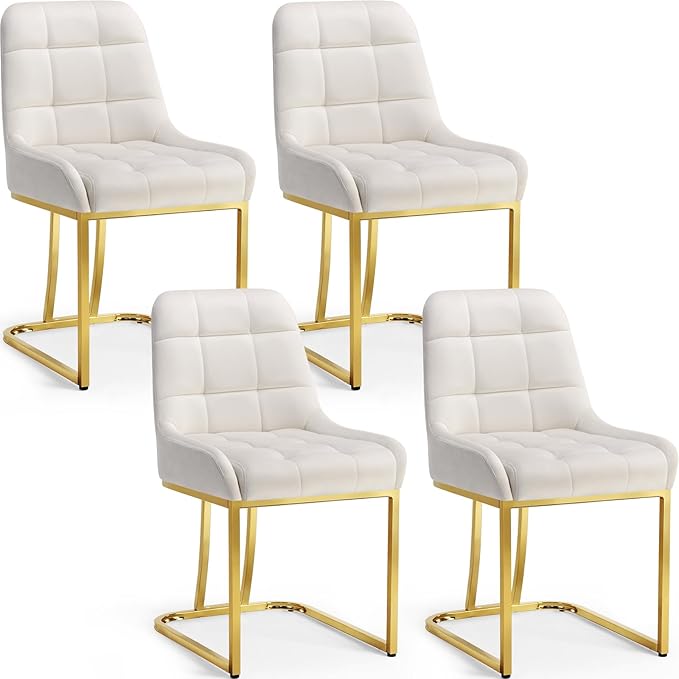 STARY Upholstered Velvet Armless Dining Room Chairs with Gold Metal Legs for Kitchen Restaurant, Beige- Set of 4 - LeafyLoom