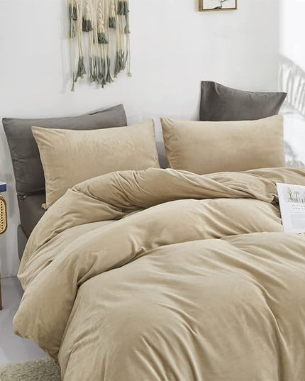 Wellboo Beige Velvet Comforter Sets Full Solid Cream Coffee Fluffy Bedding Comforters Luxury Champagne Flannel Quilts Women Men Light Taupe Fuzzy Blankets Modern Minimalist Khaki Tan Sherpa Plush Bed - LeafyLoom