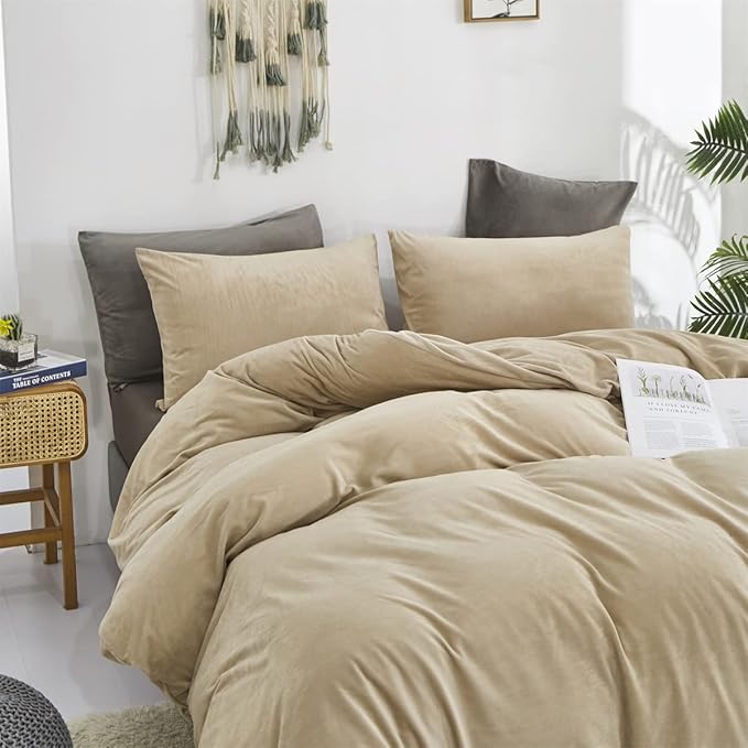 Wellboo Beige Velvet Comforter Sets Full Solid Cream Coffee Fluffy Bedding Comforters Luxury Champagne Flannel Quilts Women Men Light Taupe Fuzzy Blankets Modern Minimalist Khaki Tan Sherpa Plush Bed - LeafyLoom