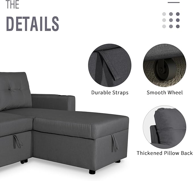 IULULU L Shaped Sectional Sofa, 82 Inch Convertible Sleeper with Pullout Bed, Storage Chaise, Cupholders, 2 in 1 Pull Out Couch for Living Room, Apartment, Charcoal Grey - LeafyLoom