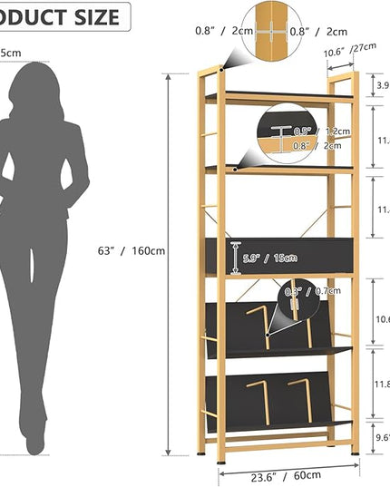 Bookshelf with Drawers- 60'' Wide Industrial Book Shelf with Bookend, 5 Tiers Tall Storage Shelves, Steel Frame Display Rack, Suitable for Bedroom, Office, Living Room-27'' Depth Black - LeafyLoom