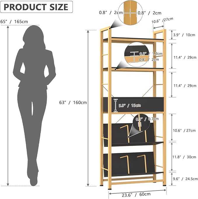 Bookshelf with Drawers- 60'' Wide Industrial Book Shelf with Bookend, 5 Tiers Tall Storage Shelves, Steel Frame Display Rack, Suitable for Bedroom, Office, Living Room-27'' Depth Black - LeafyLoom