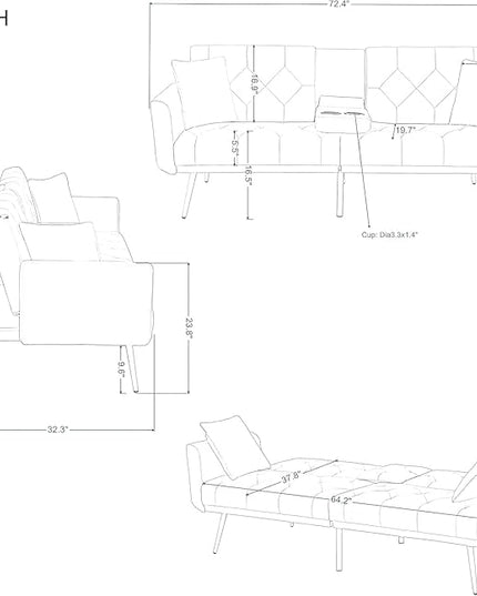 Living Room Furniture Sets 72.4" Mid-Century Modern Tufted Loveseat Sofa with Cup Holder/2 Pillows/Adjusting Backrest Small Comfy Couch for Bedroom, Apartment,Home Office, Sofá, Pink-1 - LeafyLoom